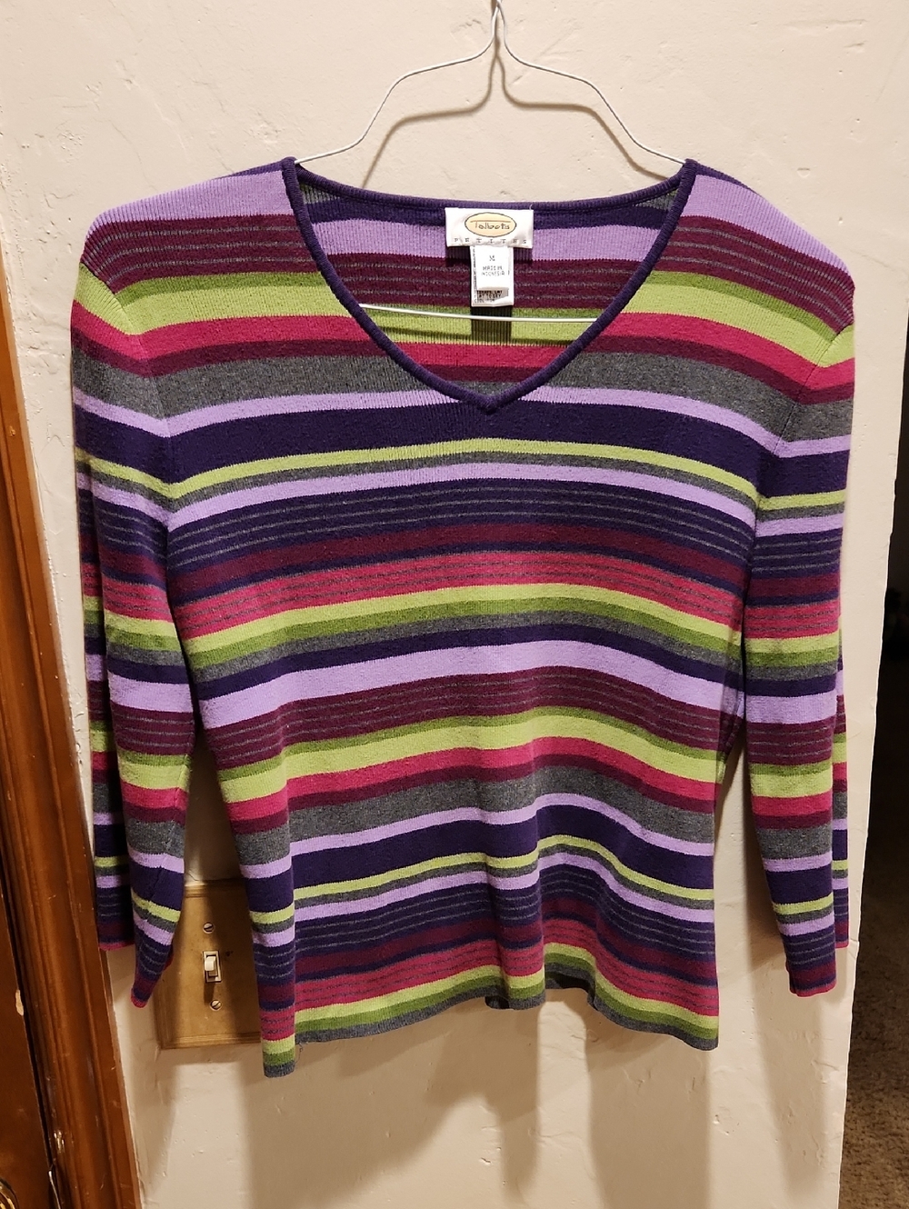 Talbots Petite Striped V-Neck Sweater in Purple, Green & Pink